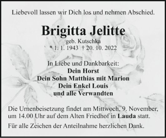 Traueranzeige von Brigitta Jelitte von Fränkische Nachrichten