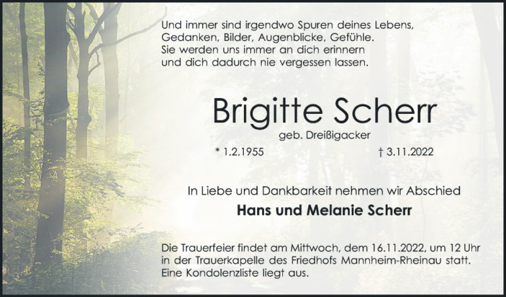  Traueranzeige für Brigitte Scherr vom 12.11.2022 aus Mannheimer Morgen