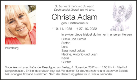 Traueranzeige von Christa Adam von Fränkische Nachrichten