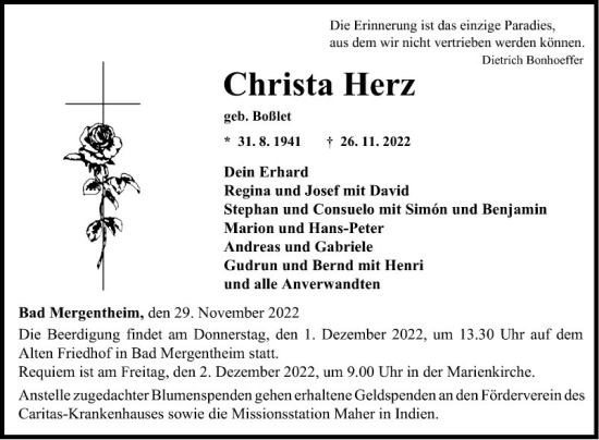 Traueranzeige von Christa Herz von Fränkische Nachrichten