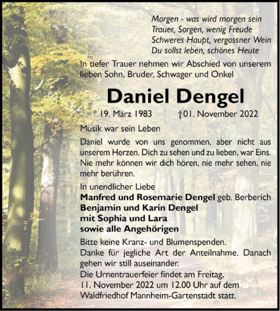  Traueranzeige für Daniel Dengel vom 07.11.2022 aus Mannheimer Morgen