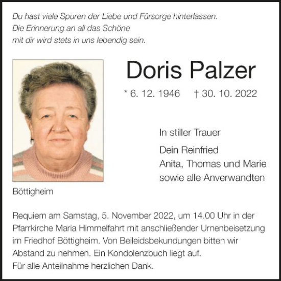 Traueranzeige von Doris Palzer von Fränkische Nachrichten