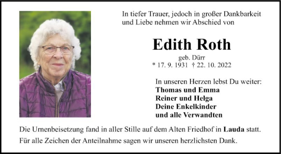 Traueranzeige von Edith Roth von Fränkische Nachrichten