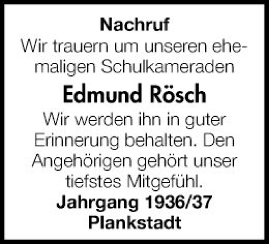 Traueranzeige von Edmund Rösch von Schwetzinger Zeitung