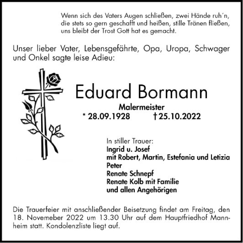  Traueranzeige für Eduard Bormann vom 12.11.2022 aus Mannheimer Morgen