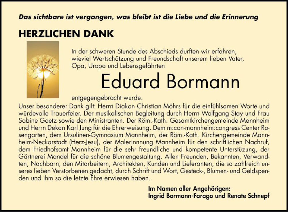  Traueranzeige für Eduard Bormann vom 26.11.2022 aus Mannheimer Morgen