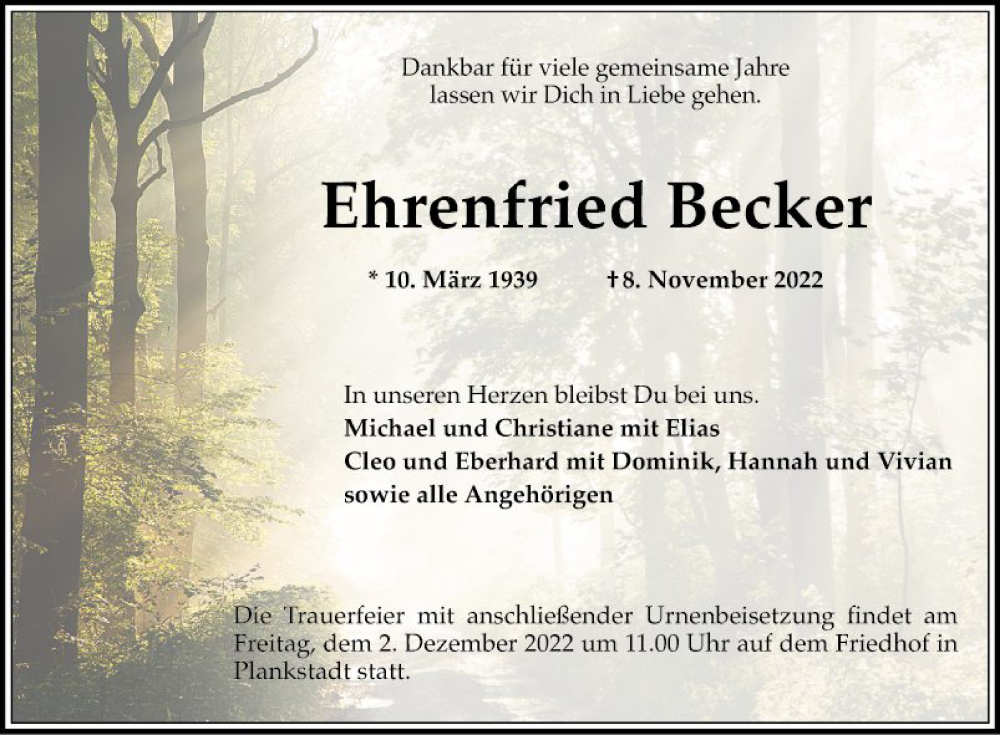  Traueranzeige für Ehrenfried Becker vom 26.11.2022 aus Schwetzinger Zeitung