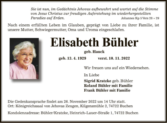 Traueranzeige von Elisabeth Bühler von Fränkische Nachrichten