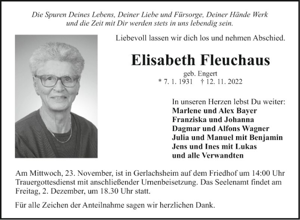  Traueranzeige für Elisabeth Fleuchaus vom 18.11.2022 aus Fränkische Nachrichten