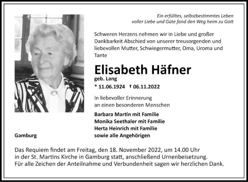  Traueranzeige für Elisabeth Häfner vom 12.11.2022 aus Fränkische Nachrichten