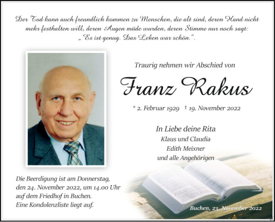 Traueranzeige von Franz Rakus von Fränkische Nachrichten