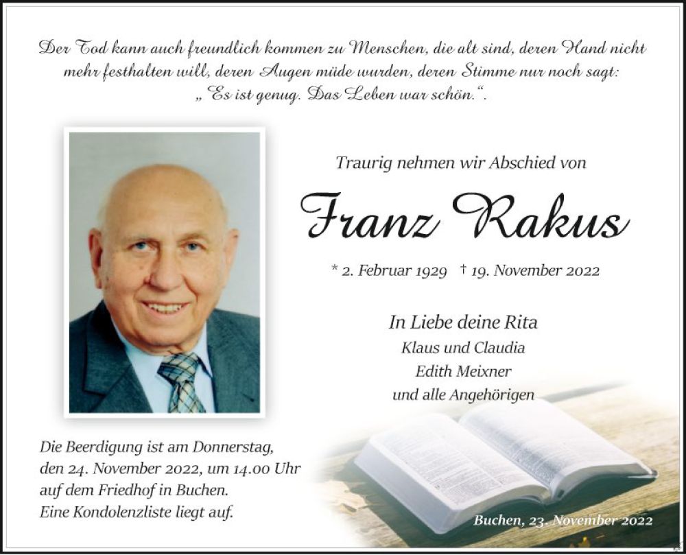  Traueranzeige für Franz Rakus vom 23.11.2022 aus Fränkische Nachrichten