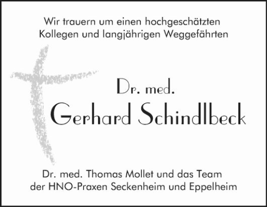 Traueranzeige von Gerhard Schindlbeck von Mannheimer Morgen