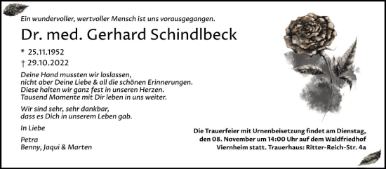 Traueranzeige von Gerhard Schindlbeck von Mannheimer Morgen