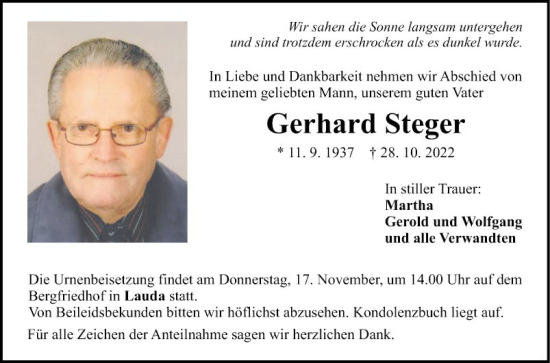 Traueranzeige von Gerhard Steger von Fränkische Nachrichten