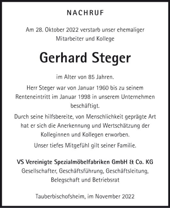 Traueranzeige von Gerhard Steger von Fränkische Nachrichten