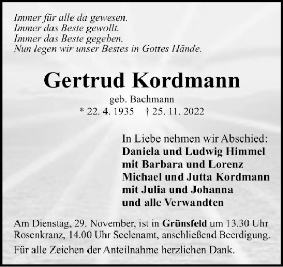 Traueranzeige von Gertrud Kordmann von Fränkische Nachrichten