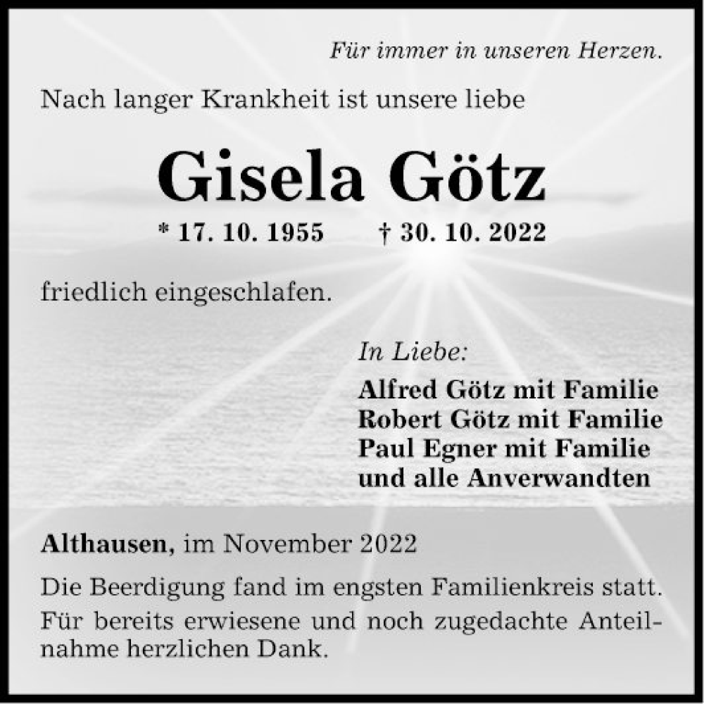 Traueranzeigen von Gisela Götz | Trauerportal Ihrer Tageszeitung