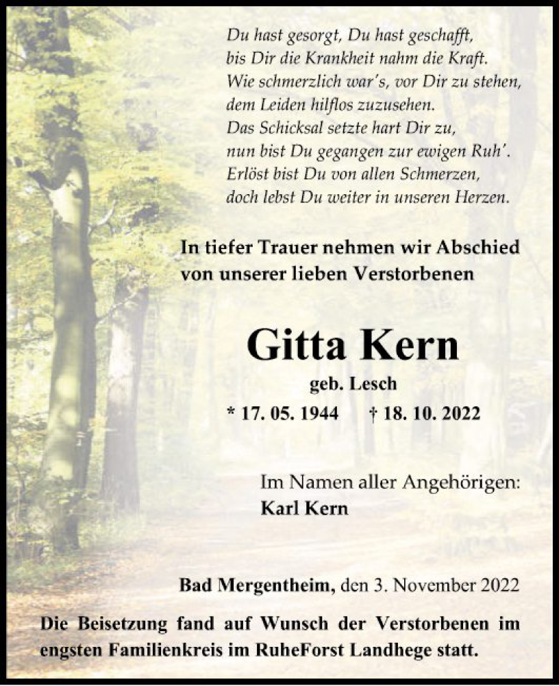  Traueranzeige für Gitta Kern vom 03.11.2022 aus Fränkische Nachrichten