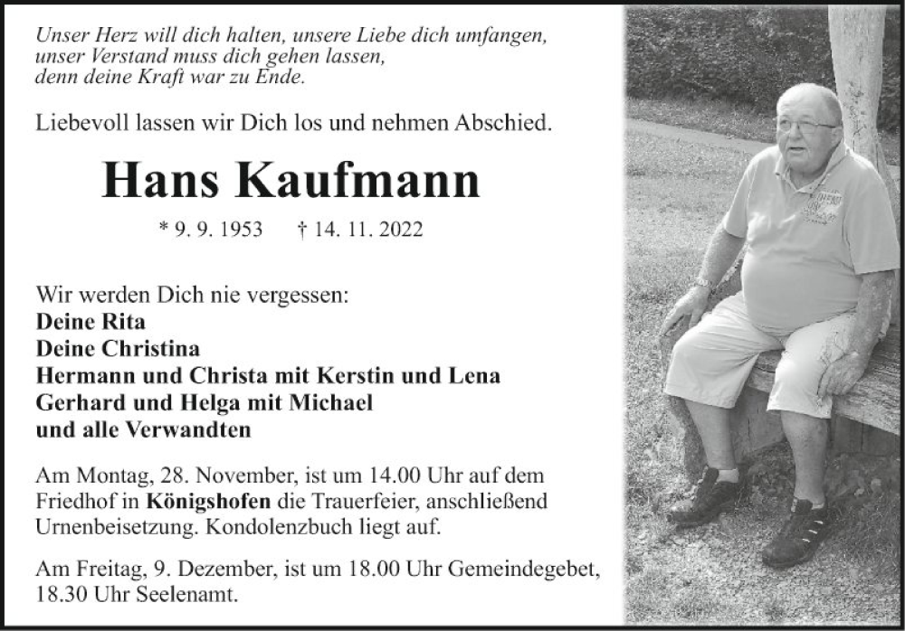  Traueranzeige für Hans Kaufmann vom 23.11.2022 aus Fränkische Nachrichten