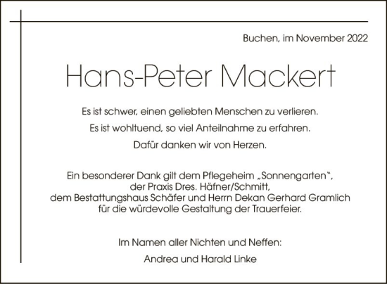 Traueranzeige von Hans-Peter Mackert von Fränkische Nachrichten