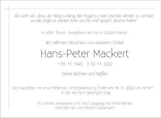 Traueranzeige von Hans-Peter Mackert von Fränkische Nachrichten