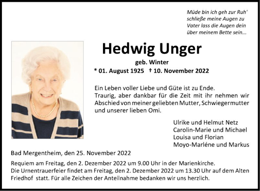  Traueranzeige für Hedwig Unger vom 25.11.2022 aus Fränkische Nachrichten