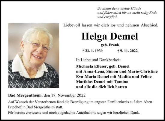 Traueranzeige von Helga Demel von Fränkische Nachrichten