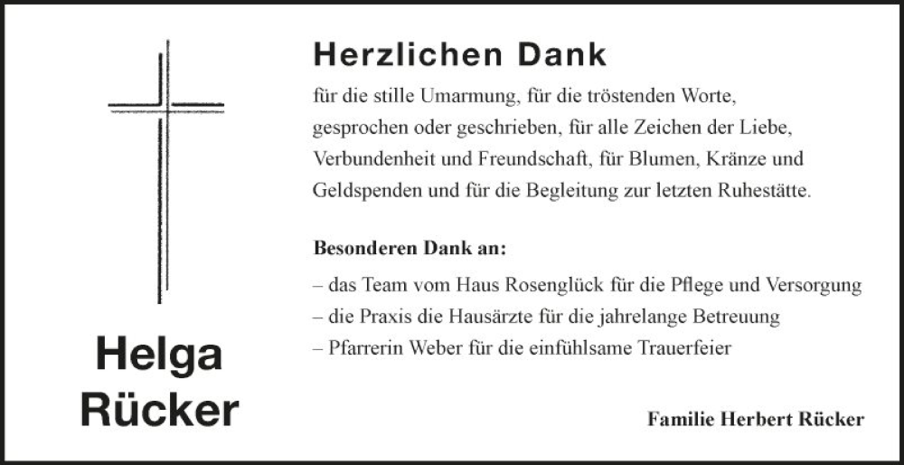 Traueranzeige für Helga Rücker vom 26.11.2022 aus Fränkische Nachrichten