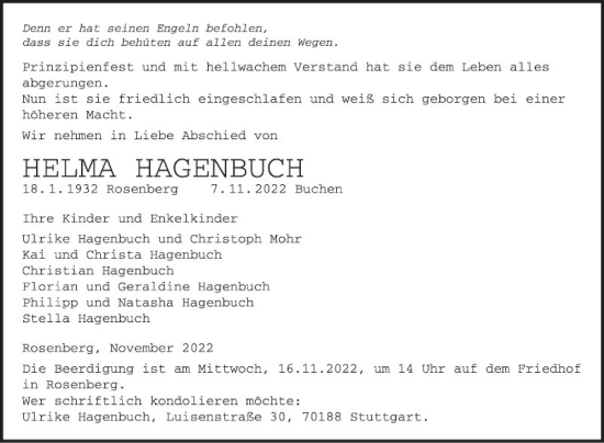 Traueranzeige von Helma Hagenbuch von Fränkische Nachrichten