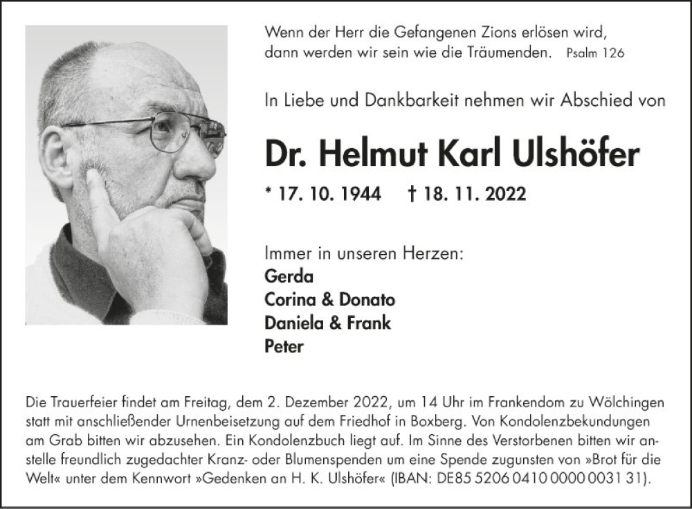  Traueranzeige für Helmut Karl Ulshöfer vom 23.11.2022 aus Fränkische Nachrichten