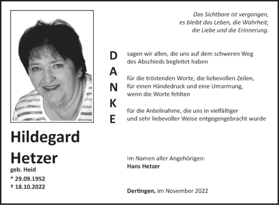 Traueranzeige von Hildegard Hetzer von Fränkische Nachrichten