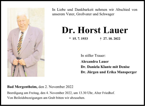 Traueranzeige von Horst Lauer von Fränkische Nachrichten
