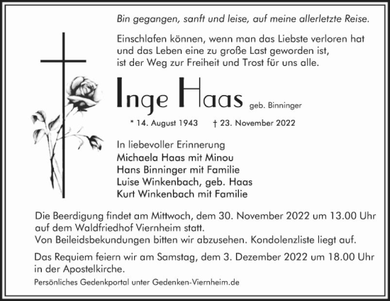 Traueranzeige von Inge Haas von Mannheimer Morgen