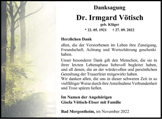 Traueranzeige von Irmgard Vötisch von Fränkische Nachrichten