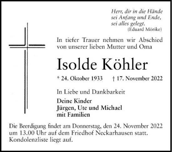 Traueranzeige von Isolde Köhler von Mannheimer Morgen