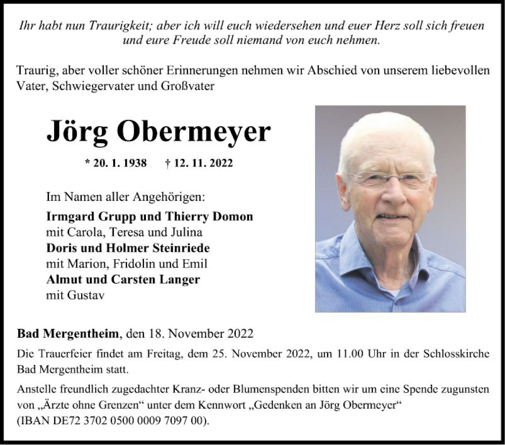  Traueranzeige für Jörg Obermeyer vom 18.11.2022 aus Fränkische Nachrichten