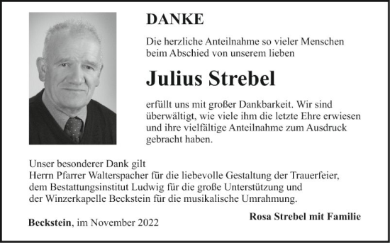 Traueranzeige von Julius Strebel von Fränkische Nachrichten