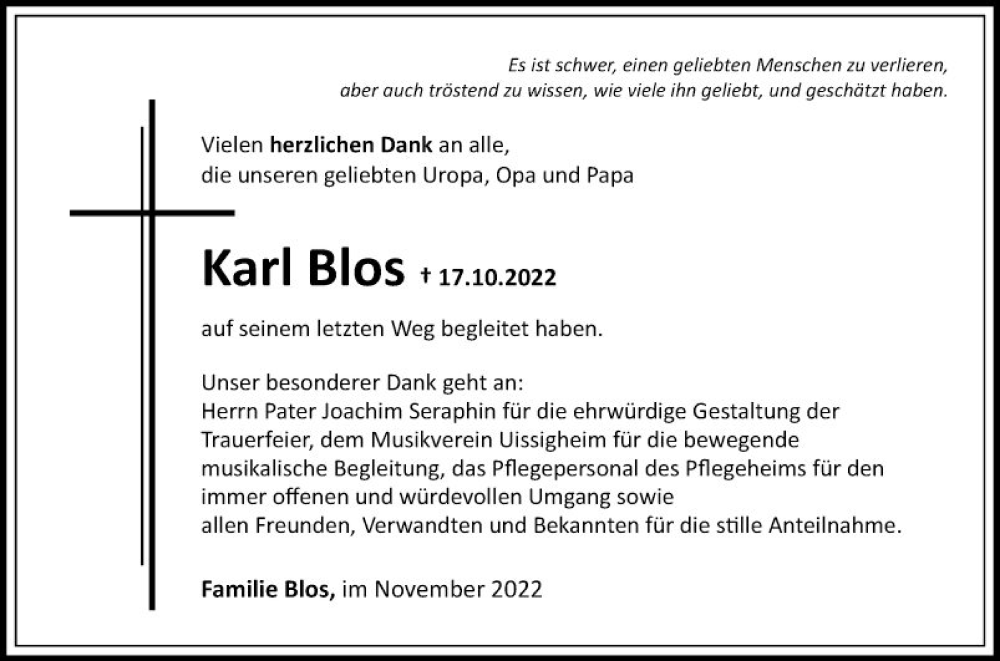  Traueranzeige für Karl Blos vom 19.11.2022 aus Fränkische Nachrichten