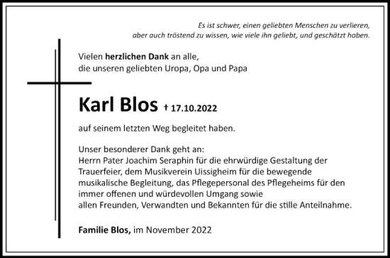 Traueranzeige von Karl Blos von Fränkische Nachrichten
