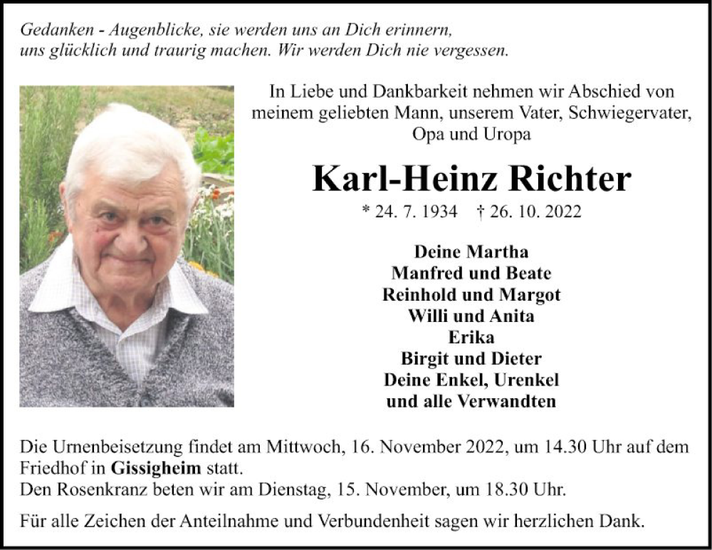  Traueranzeige für Karl-Heinz Richter vom 10.11.2022 aus Fränkische Nachrichten