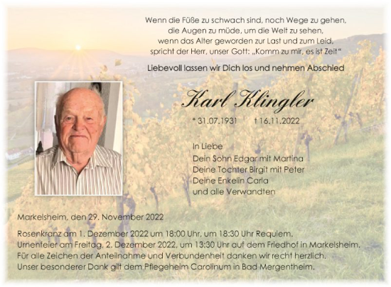 Traueranzeige von Karl Klingler von Fränkische Nachrichten