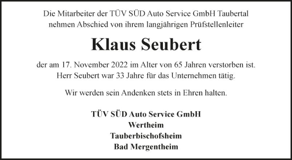  Traueranzeige für Klaus Seubert vom 26.11.2022 aus Fränkische Nachrichten