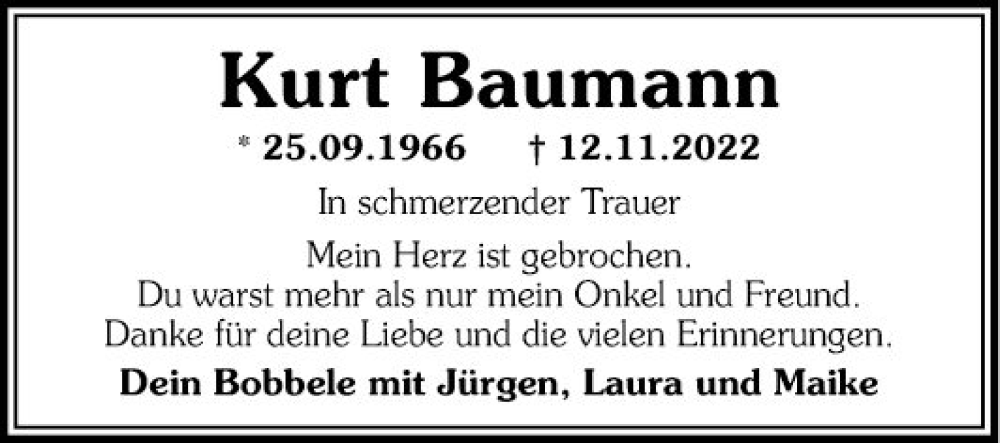  Traueranzeige für Kurt Baumann vom 19.11.2022 aus Mannheimer Morgen