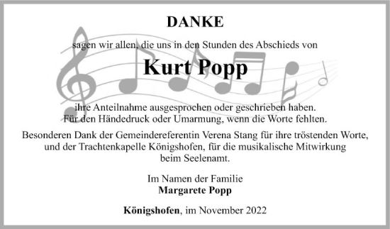 Traueranzeige von Kurt Popp von Fränkische Nachrichten
