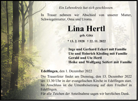 Traueranzeige von Lina Hertl von Fränkische Nachrichten