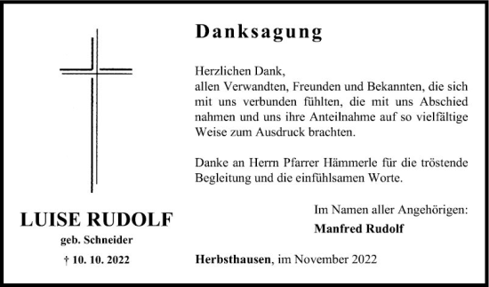 Traueranzeige von Luise Rudolf von Fränkische Nachrichten
