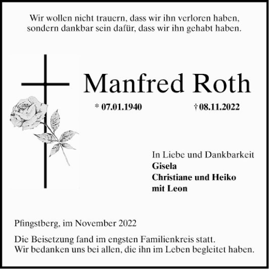 Traueranzeige von Manfred Roth von Mannheimer Morgen