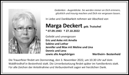 Traueranzeige von Marga Deckert von Fränkische Nachrichten