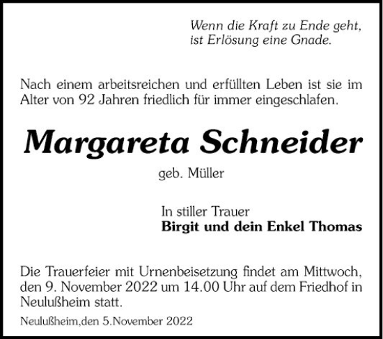 Traueranzeige von Margareta Schneider von Schwetzinger Zeitung